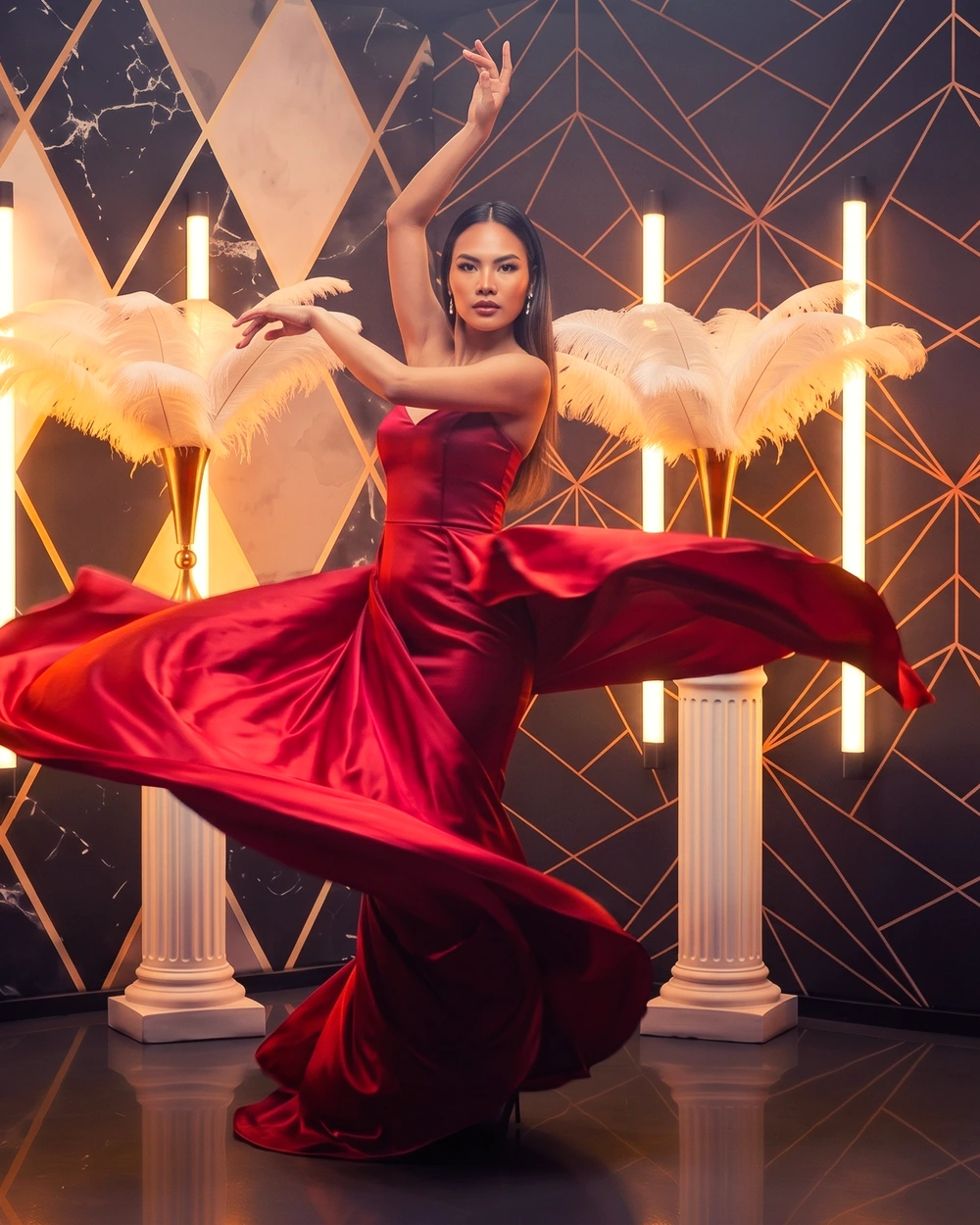 Cinematic Booth — a subject in a fully art-directed Art Deco gala set.